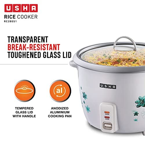 USHA RC28GS1 Steamer 1000 Watt Automatic Rice Cooker 2.8 Litres with Powerful Heating Element, Keep Rice Warm for 5 Hrs, Steamer, Trivet Plate & more accessories, 5 Yrs Warranty (White) 3