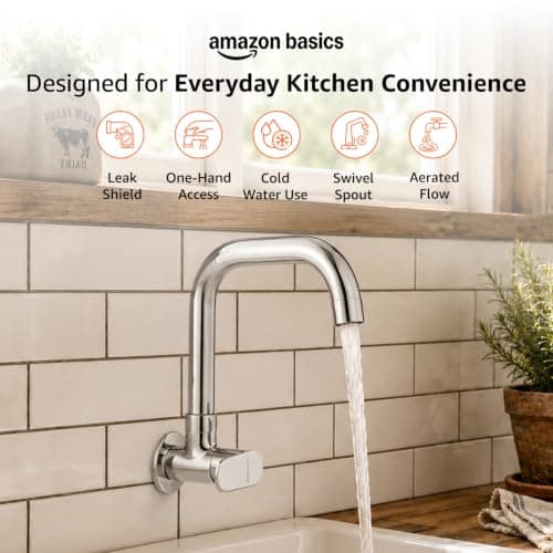 Amazon Basics Rectangular Kitchen Faucet | Cold-Only Single Lever Sink Tap with 360 Degree Swivel Spout | Aerated Water Flow | 15mm / 1/2 BSP | Kitchen Use [Chrome] 2