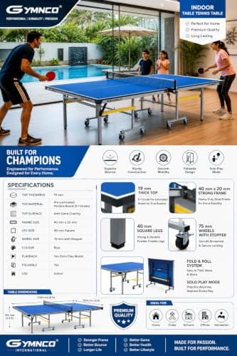 GYMNCO Perfect Plus Wood Table Tennis Table with Levellers Top 19 mm (TT Table Cover + 2 TT Racket & Balls +Yoga Mat) (Blue) (19 MM New Perfect Plus) (Grey) 3