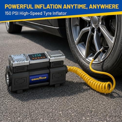 Goodyear MegaFlow50 12V Dual Cylinder Air Compressor | 150 PSI Tyre Inflator for Car, Bike & SUV | Heavy Duty Metal Body | Fast Inflation 60L/min | Digital Gauge | Portable Air Pump with Carry Case 3