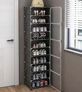 AYSIS Premium Modular Plastic Shoe Rack for Home with Door | 𝟏𝟎-𝐓𝐢𝐞𝐫 Stackable Shoe Organizer | Waterproof & Dustproof | Space Saving Storage for Home, Bedroom & Entryway【Black, 10-Shelf-5-Door】