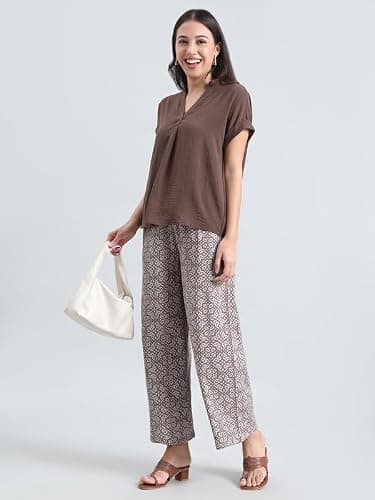 GO COLORS Soft Viscose Printed Palazzo Full Length for Women| Breathable, Mid Rise, Brown 4