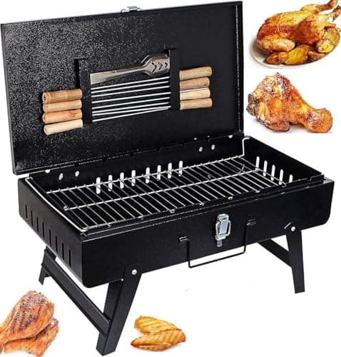 MAZORIA Barbeque Grill Set | Foldable Portable BBQ for Home & Outdoor Use | Includes 8 Skewers, 1 Grill | Barbecue for Camping, Picnics, Parties & Backyard Grilling (Black)