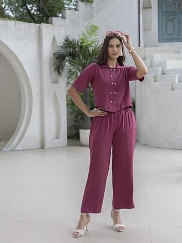 TITTLI Women Rayon Co-Ord Set | Wrinkle Fabric Crop Shirt and Trouser Set | Collar Neck Half Sleeve Elasticated Waist | Casual Wear and All Day Outfit | M to XXL 4