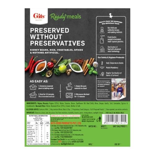 Gits Ready to Eat Basmati Rice & Rajma Masala Combo Meal, Pure Veg, Heat and Eat, 375g 2