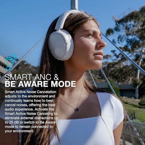 JLab JBuds LUX ANC Smart Active Noise Cancelling Headphones - Over Ear Wireless Headphones with Microphone, 70+ H Playtime Foldable Bluetooth Earphones, Multipoint & Customisable Sound, Cloud White 3