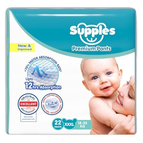 Amazon Brand - Supples Premium Baby Diaper Pants | 22 Baby Diapers | XXXL | 18-55 Kg | 12 Hrs Absorption | Cushiony Cotton Soft Fabric | Phthalates-Free | Triple Leak Guard