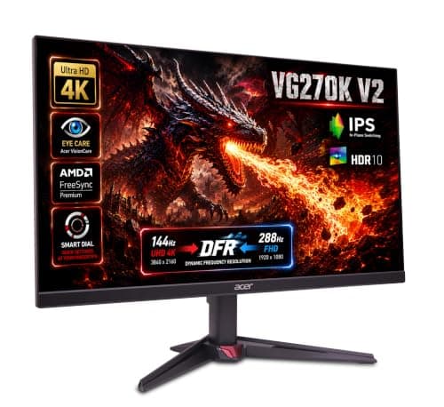 Acer Nitro VG270K V2 27 Inch 4K UHD IPS Gaming Monitor | 144Hz | FHD 288Hz DFR | 1ms VRB | HDR10 | 99% sRGB | AMD FreeSync Premium | HDMI 2.1 | DisplayPort | Dual Speakers | Smart Dial | Eye Care