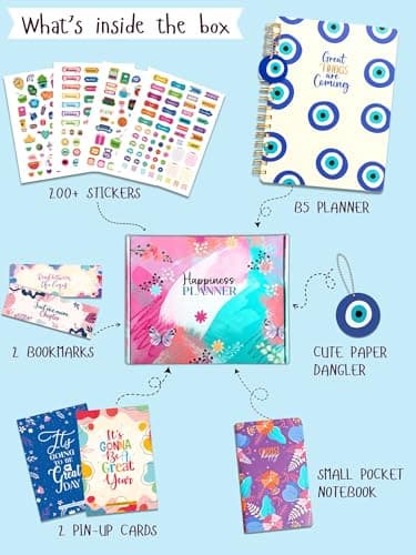 Doodle Happiness Planner B5 | Wiro Bound Undated Planner with 268 Pages, To-Do Lists, Activity Pages, Tear Away Note & Quote Cards | 64-Page Pocket Book, 250+ Stickers & Free Premium Gift Box, 80 GSM 3
