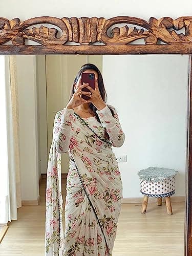 Sidhidata Women's Georgette Printed Ready To Wear one Minute Saree With Unstitched Blouse Piece (1000 Butty White_White_Free Size) 5