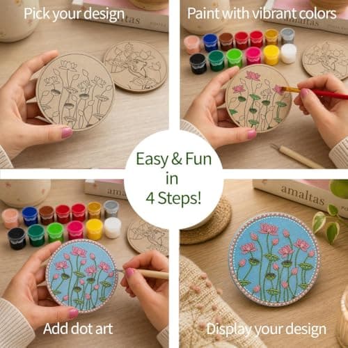 Mind Pilot Art & Craft Kit for Kids & Adults | 3-in-1 Indian Painting Kit | Mandala, Madhubani & Pichwai | 6 Pre-Marked Wooden Coasters | 12 Colours | DIY Gift Set | Ages 8+ 4