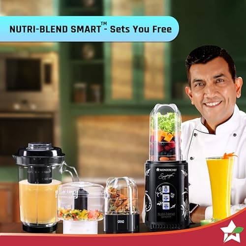 Wonderchef Nutri Blend Smart CKM Automatic Mixer Grinder with Dual Pulse Function|22000 RPM|100% Full Copper Motor|4 Unbreakable Jars|500 W|2 Years Warranty|Recipe book by Chef Sanjeev Kapoor| Black 5