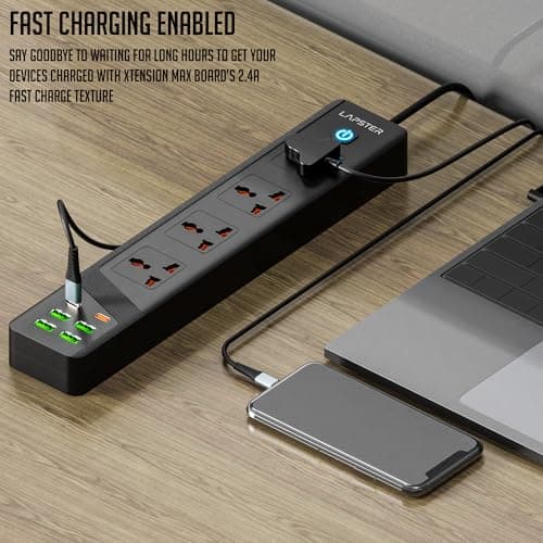 Lapster Xtension MAX with 4 USB Port + 2 Ports Type-C PD + 4 Power Sockets Extension Board, 2500W Power Converter, Cord Length 2Mtr (Black) 2