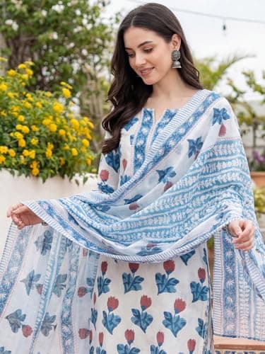 INDO ERA Women's White Pure Cotton Floral Printed Straight Fusion Kurta & Pant with Dupatta Set 4