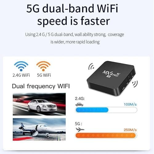 FORIDA MXQPRO 5G 10K Android TV Box 4GB RAM 32GB ROM, 10K Ultra HD 8K HDR Streaming, Built-in Chromecast Quad-Core CPU, Dual WiFi Bluetooth, Voice Remote Smart TV Box 4