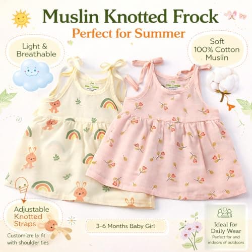 100% Muslin Cotton Newborn Baby Girl Muslin Pack of 2 | Adjustable Knot Style Dyed Print Muslin Dress For Baby Girls | Soft, Breathable & Comfortable Dresses | Ideal for Daily Wear | Assorted 4