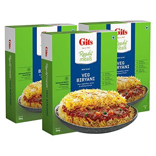 Gits Ready to Eat Veg Biryani, Layered Rice Dish, Microwaveable, 795g (Pack of 3 X 265g Each)