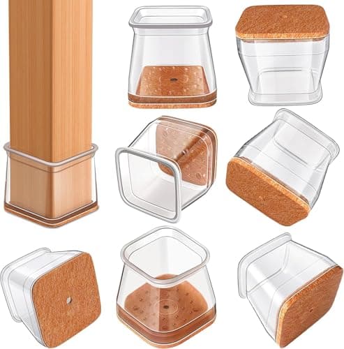 JICOOT 4 Pcs Chair Leg Floor Protectors for Wooden & Tile Floors | Square Silicone Furniture Leg Caps with Felt Pads | Anti-Scratch, Noise-Reducing Chair & Stool Leg Covers | Clear, Large