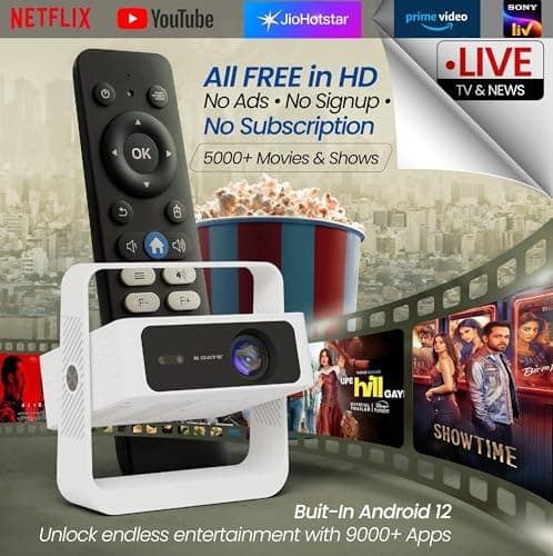 E Gate Atom 4X Air, Fully Automatic, True 200 ANSI Projector with 1080P & 4K Support | Auto Focus+Auto Keystone+Obstacle Avoid | Android 12 Netflix, Prime, Live TV | WiFi-BT-HDMI ARC, Native EGATE 6