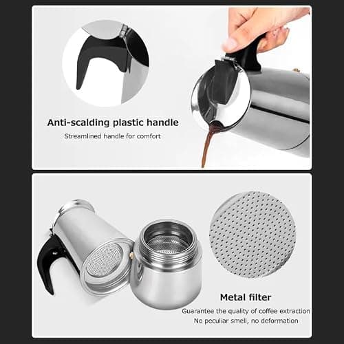 HOMETIC Stainless Steel Stovetop Espresso Maker Italian Style Moka Coffee Pot with Ergonomic Handle, 2-4-6 Cup Capacity, Durable & Easy-to-Use for Rich, Full-Bodied Coffee at Home (2 Cups) 3