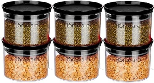 Floraware Plastic Air Tight BPA Free Stackable Round Push Multipurpose Containers For Kitchen Organizer 500ml for Rice Dal Flour Snacks Cereals Pack of 6 (Black)