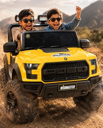 Wishmaster Driving 4 Motors with Bluetooth EV Jeeps for Kids 1, 2, 3, 4, 5, 6 Years | Remote + Steering + Mobile App Control | Ride on Car | Birthday Gift (Yellow)