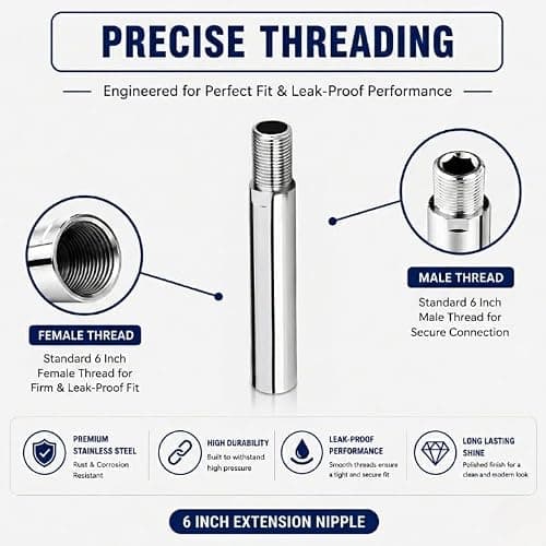Stainless Steel Extension Nipple 6 Inch | Heavy Duty SS Pipe Connector | Leak Proof Threaded Fitting | Rust Proof Chrome Finish | Bathroom & Plumbing Extension Connector | Pack of 1 2