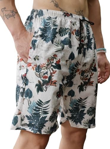 Zilcon Men's Casual Shorts Printed Fabric Drawstring Summer Beach Shorts (Green, Medium)