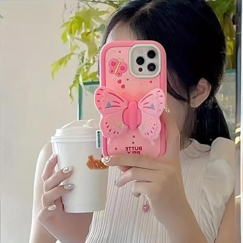 Case Creation 3D Wings Pop Butterfly Phone Case For iPhone 11/12/13/14/15/16/17 Pro Max Air Plus, Pink Cute Glam Aesthetic Back Cover With Built-in Grip Phone Stand For Girls Women (iPhone 17 Pro Max) 5