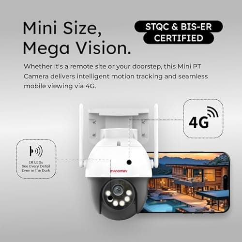 MANOMAY 3MP 4G Pan Tilt Security Camera IP65 Rated Smart Auto Tracking Two Way Audio Human Detection 4G SIM Support 256GB Memory Card Cloud Storage Alexa Compatible M1094S| BIS-ER Approved 2