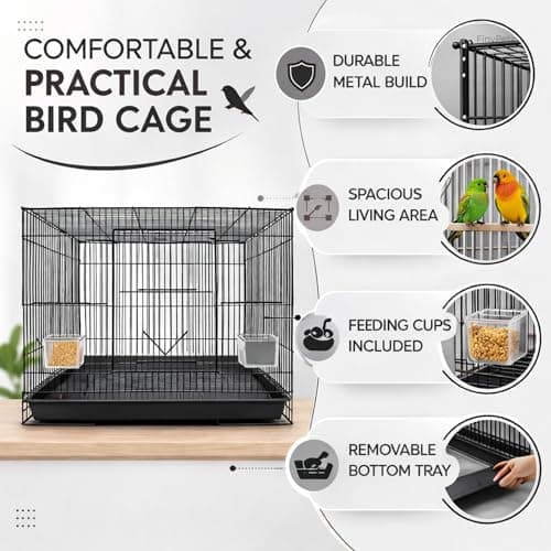 FinyPetz Bird Cage 15 Inch (Black) Small Bird Cage for Budgies Lovebirds Finches Parrots with Free Food Cup Water Cup Perch Stick Easy Clean Tray Metal Bird House Cage Portable Aviary Indoor Outdoor 2