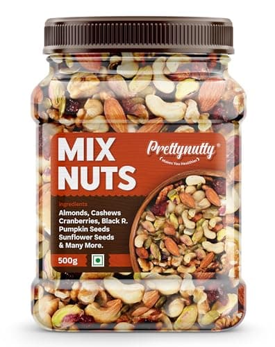 PrettyNutty Healthy Nutmix 500g, Dried Almonds, Black Raisins, Cashewnuts, Cranberries, Black Dates & Many More. (Pack of Jar)