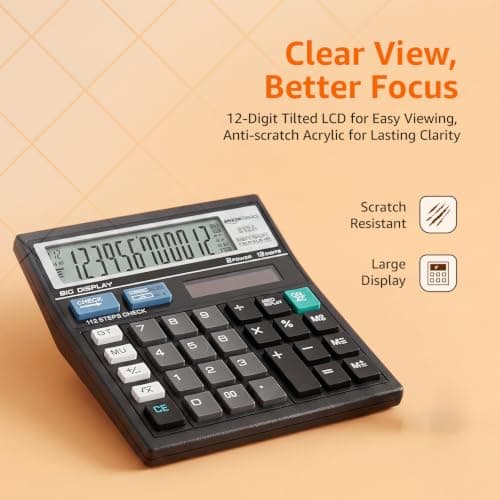 Amazon Basics Electronic Calculator (AB-512A) | 12 Digit Large Display | Dual Power (Solar + AAA Battery) | 30° Angled Screen | Big Button Design | 13 x 13 cm | Black | for Office, School & Home 3
