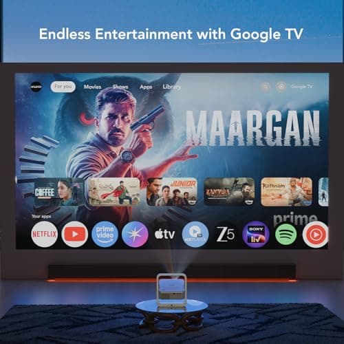 Wzatco Yuva Infinity, Google TV Official, Native 1080P, Projector 4k Ultra HD, 1200 ANSI Ultra Bright, Fully Automatic, Dust Free, Smart Mini Theater for Room, Portable 300" Cinema, 2GB RAM 5