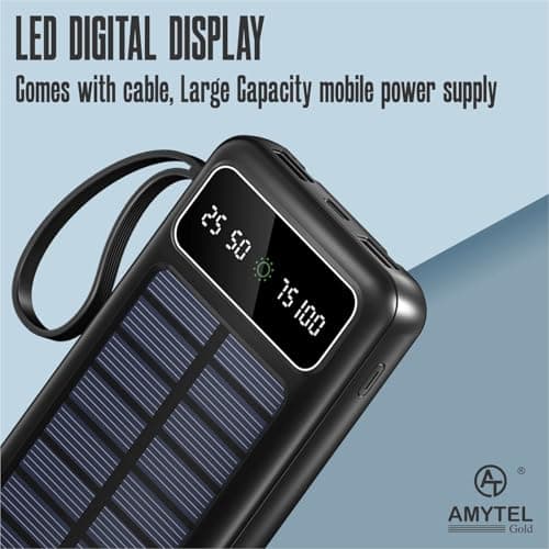 AMYTEL 10000mAh Solar Power Bank with Built-in Type-C & Lightning Cable, LED Flashlight, Fast Charging Portable Charger for Mobile – Black 5