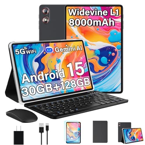 Android 15 2025 Tablet with Gemini AI, 30GB+128GB+1TB Expansion, Octa-Core 10.1" Electronic Tablets with Keyboard Mouse, 8000mAh, 5G Wi-Fi, IPS HD Display, GPS, Widevine L1, Screen
