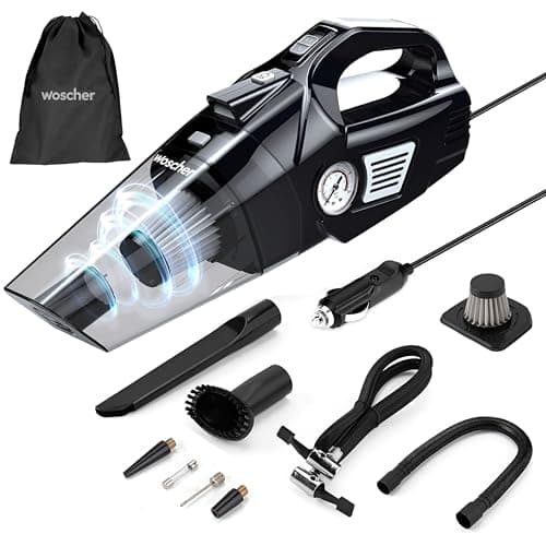WOSCHER AirVac Pro+ 3in1 USB Rechargeable Car Vacuum Cleaner Cordless,Tyre Inflator,150 PSI Digital Air Pump for Car Tyre|120 Watt Car Vacuum Cleaner High Power 6000PA |LED Light| Auto Shut Off