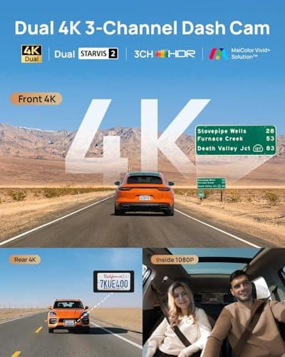 70mai 4K T800 3 Channel Dash Cam, Dash Cam Front and Rear Inside(2160P+2160P+1080P), STARVIS 2 IMX678, HDR Night Vision, WiFi 6, ADAS, Super-Capacitor, 24H Parking Mode, Upto 512GB Supported 2