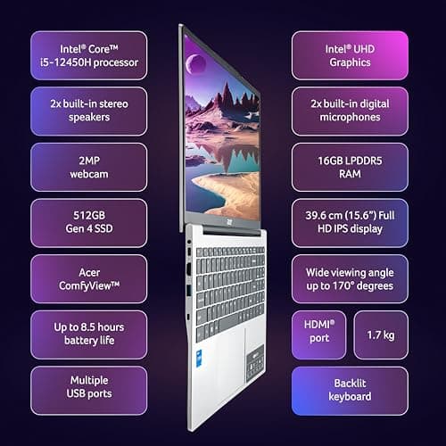 acer Aspire Lite 12th Gen Intel Core i5-12450H, Office 2024 + M365 Basic, 16GB RAM/512GB SSD, 39.62cm(15.6") FHD IPS Display Win11H, Pure Silver, 1.7KG,AL15-52H, Backlit KB, Thin & Light Laptop 4