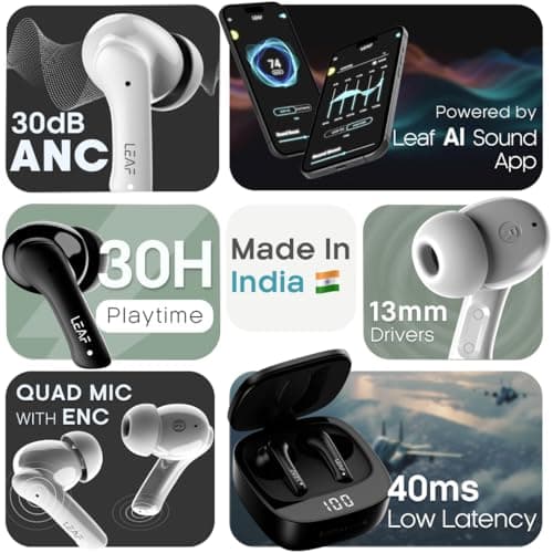 Leaf Buds X614 True Wireless ANC in Ear Earbuds with Ai Sound App,Active Noise Cancellation,Transparency Mode,30H Playtime,Quad Mic Enc,40Ms Low Latency,13Mm Driver,Ipx5,Bluetooth V5.3(Pure White) 2