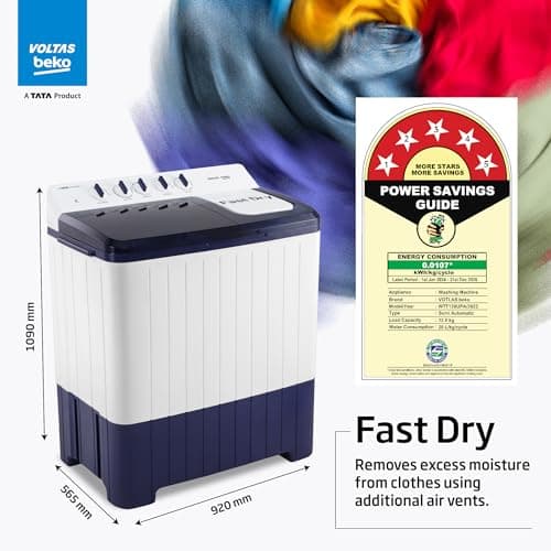Voltas Beko, A Tata Product 12 Kg 5 Star Semi-Automatic Top Load Washing Machine (WTT120UPA/BL5KPTD, Blue, Special pulsator and Double waterfall Technology) 6