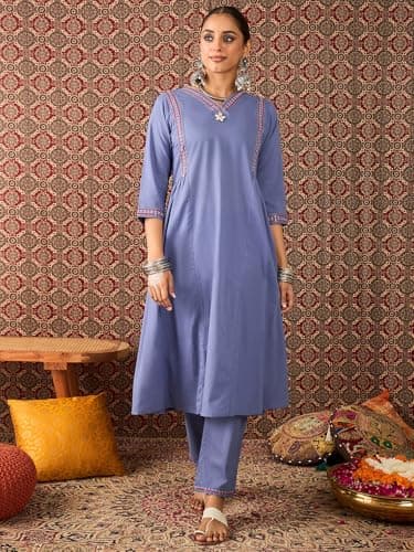INDO ERA Women's Pure Cotton Embroidered A-Line Calf Length Kurta with Pant & Dupatta Set (Blue_IESTR10908_Small) 5