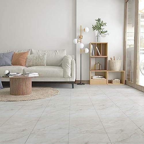 2 PC Marble Floor Peel and Stick Tiles PVC Waterproof Self-Adhesive Vinyl Flooring Sticker Wall Backsplash Tiles for Bathroom Bedroom Kitchen Living Room Home (JIL-56T (12"x12") White) 3