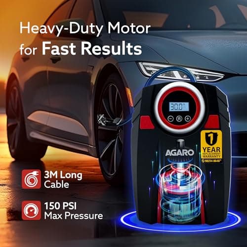 AGARO Marvel Tyre inflator, for Cars, 12V, Upto 150 PSI, 120 W Powerful Motor, Up to 3M Long Cable, Digital Display, Multiple Nozzles 4