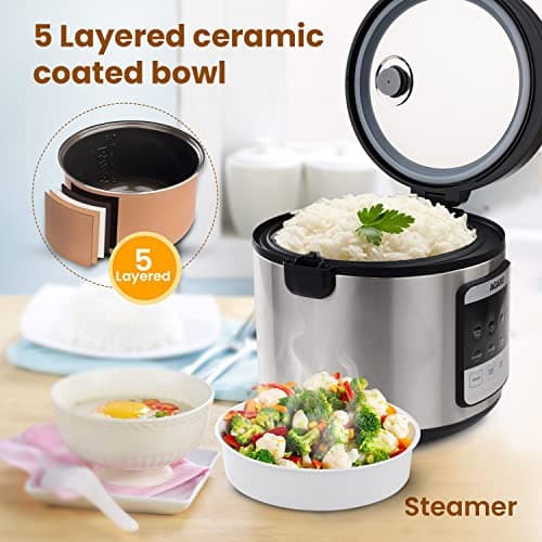 AGARO Royal Electric Rice Cooker, 5 Litre Ceramic Coated Inner Bowl, Steam Basket, 6 Preset Cooking Function With Advanced Fuzzy Logic, Keep Warm Function, 1.5Kgs (approx. 10 cups) raw rice, Silver 4