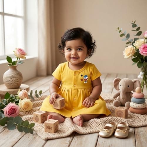 KIDEEZGUILD... 100% Pure Cotton Baby Girls Frock Dress Front Open Soft Breathable Half Sleeve Knee Length Daily Casual Wear Solid Color Summer Girl's Dress (in, Age, 3 Months, 6 Months, Set of 6 A) 5