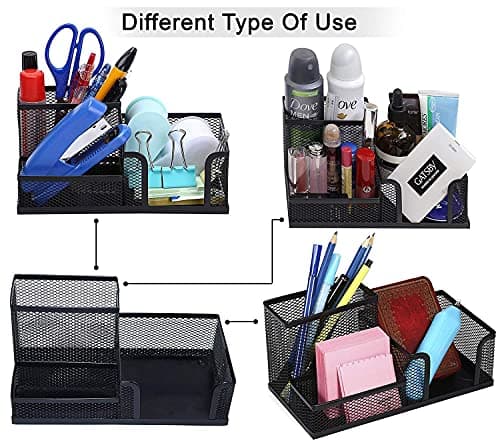 Rukshal enterprise Multi Compartment Metal Mesh Desk Organizer with Pen Holder File Sorter Storage TrayDurable Black Office Supply Organizer for Desk Accessories Stationery Notebooks 4