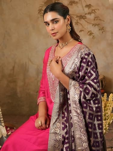 INDO ERA Women's Silk Blend Yoke Sequins Embroidered Straight Calf Length Kurta with Pant & Dupatta Set (Pink_IESTR10960_XX-Large) 2