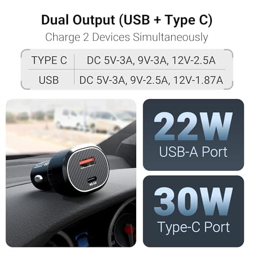 Zebronics 52 Watts Car Charger, Dual Output - USB (22W),Type C (30W), Included 1m Type-C 60W Cable, Rapid Charge, PPS Tech, Compact Design, for Smartphones, iPhones, Tablets, Earbuds (CC52) 2