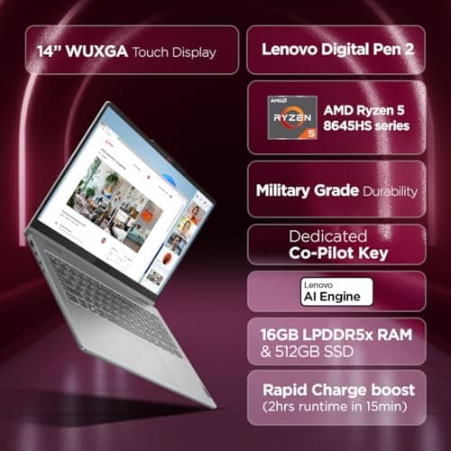 Lenovo Ideapad 5 2-in-1 AMD Ryzen 5 8645HS 14" (35.5cm) WUXGA IPS 300Nits Convertible Laptop (16GB RAM/512GB SSD/Win 11/Office Home 2024/Backlit KB/FPR/FHD Camera/Grey/1.6kg), 83DR007CIN 2